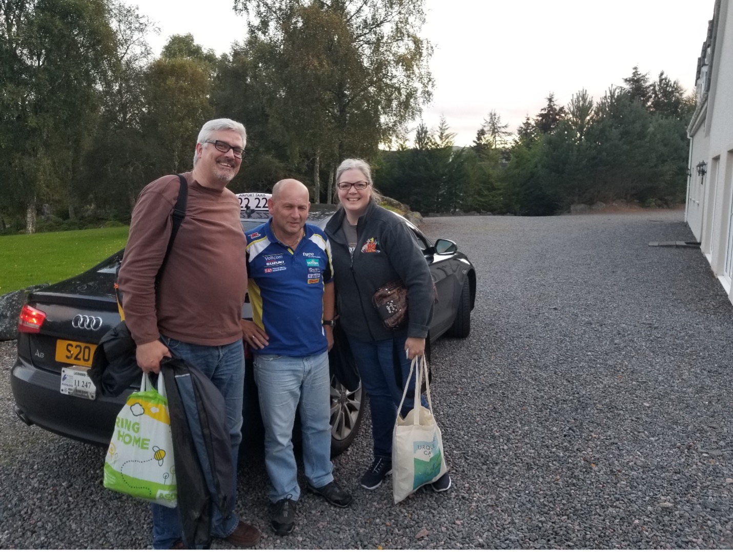 Dr. Pol Silofar (c) with the author and Barb Kornicky outside of Inverness, Scotland. Photo courtesy of the cabbie, Jonathan.