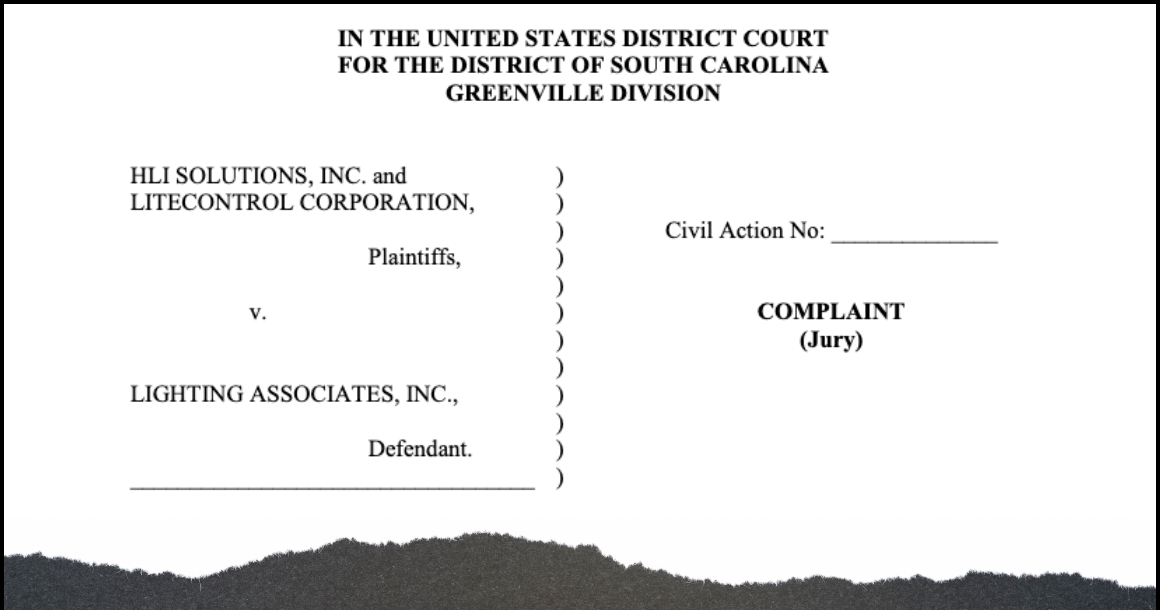 HLI, formerly Hubbell Lighting, Sues Former Agent. In the US district court for the district of SC Greenville division. HLI Solutions,Inc and lite control corporation, plaintiffs VS lighting associates inc, defendant. Civil Action No: Complaint( Jury).
