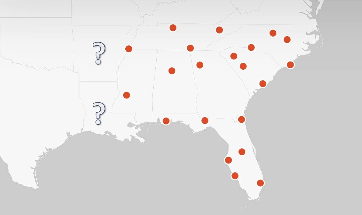 Map of SESCO territories: AL, FL, GA, MS, NC, SC, TN and question marks over AR and LA