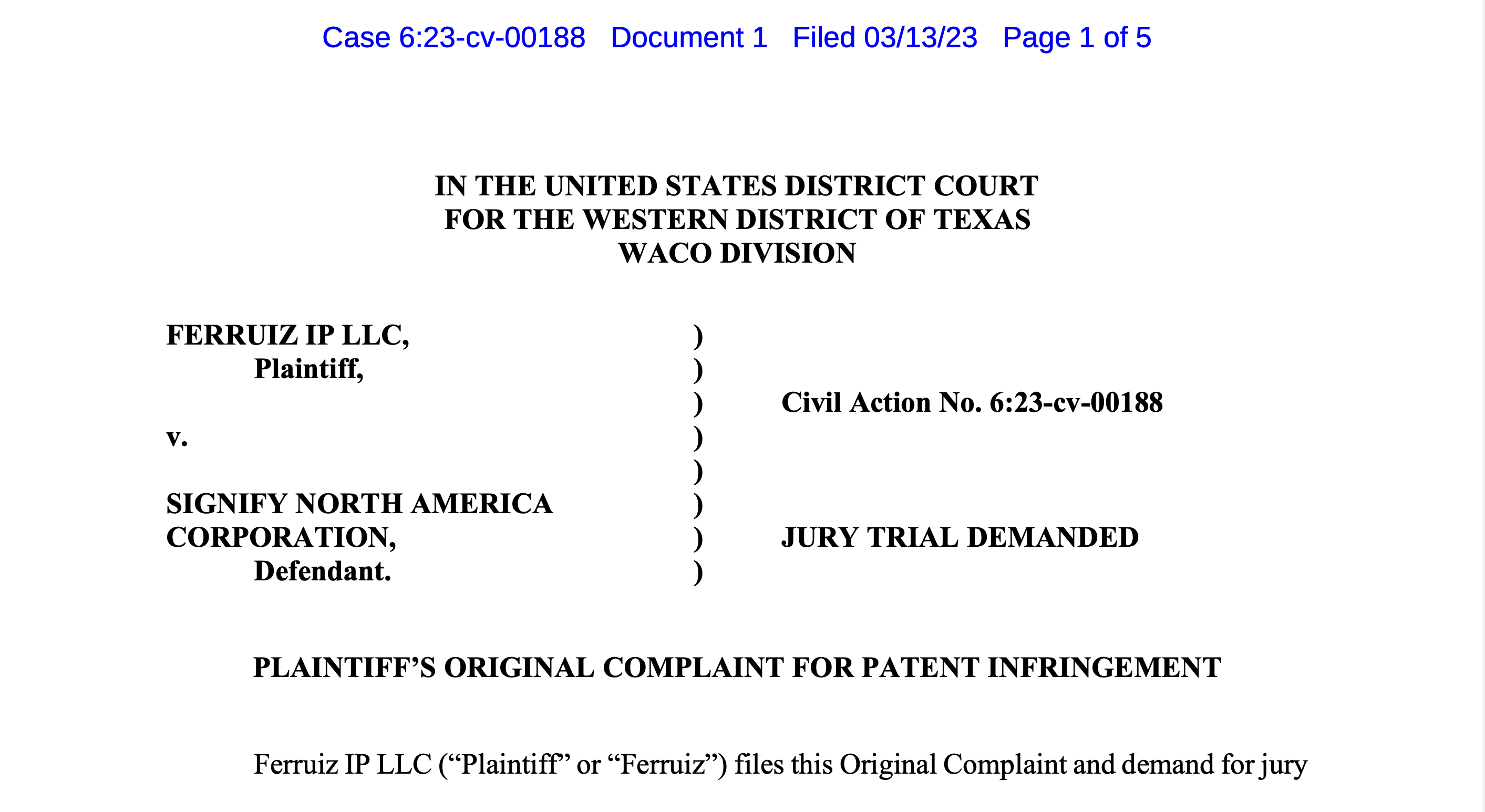 Screen shot of FERRUIZ IP LLC vs Signify complaint