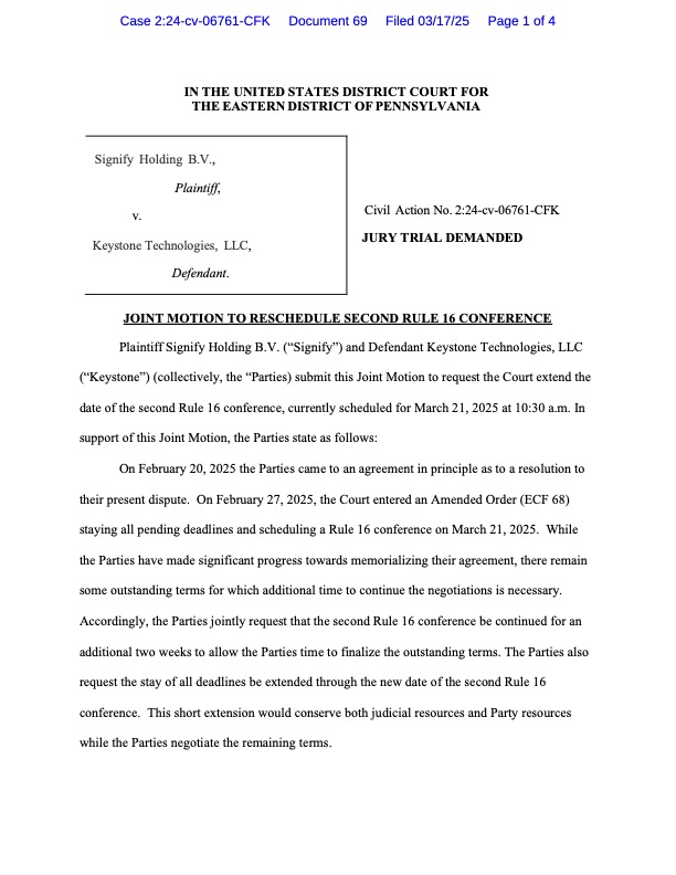 Have Keystone Technologies and Signify Settled their Dispute