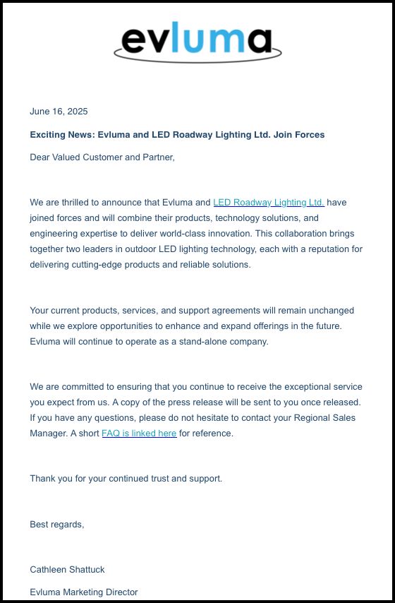 Evluma and LED Roadway Lighting join forces to combine their expertise and technologies, enhancing outdoor LED lighting innovation 