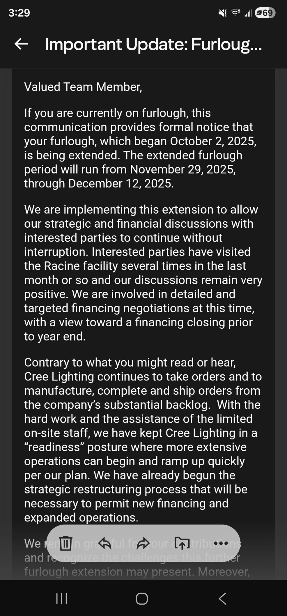 Cree Lighting Furlough Extension