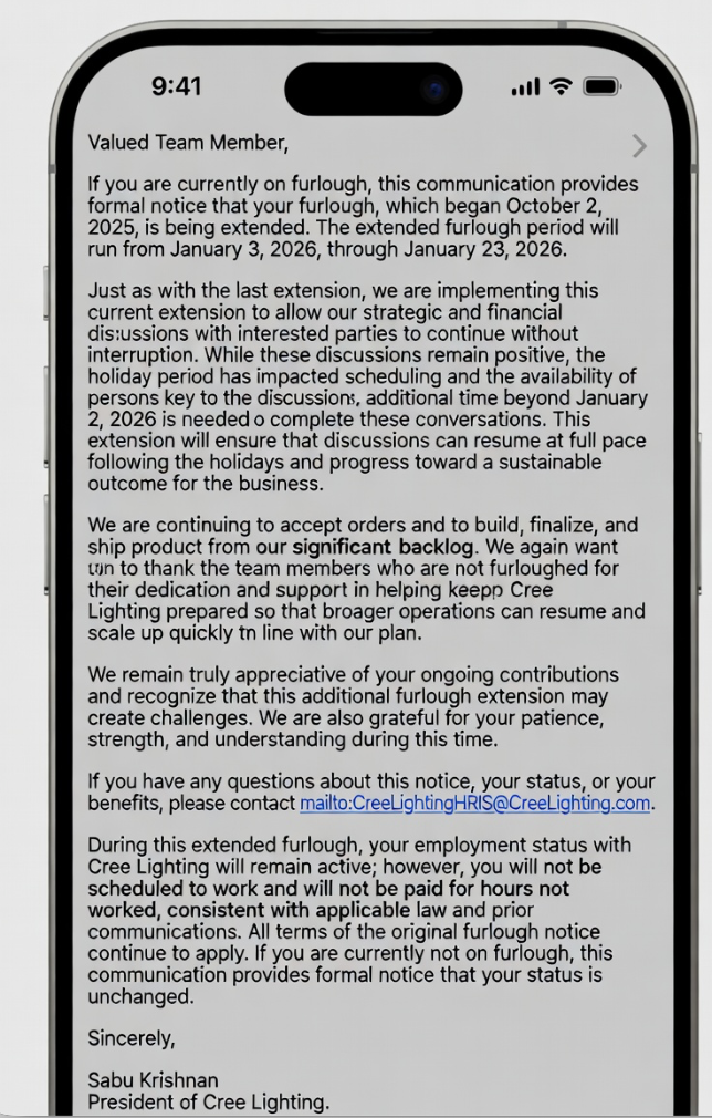Cree Extends Furlough Message