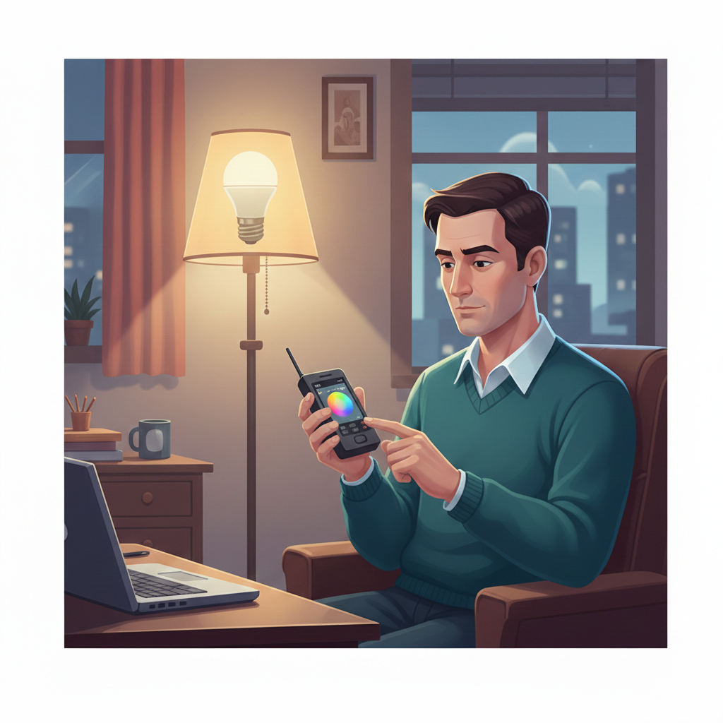 Signify ’320 Patent Trial, picture of a man with an old smart phone controlling a bulb