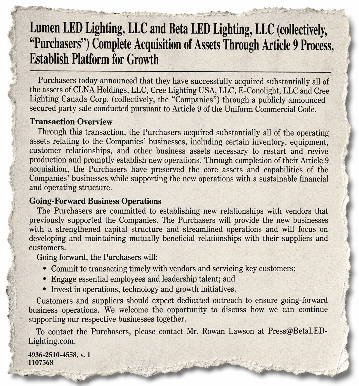 Cree Lighting Asset Sale