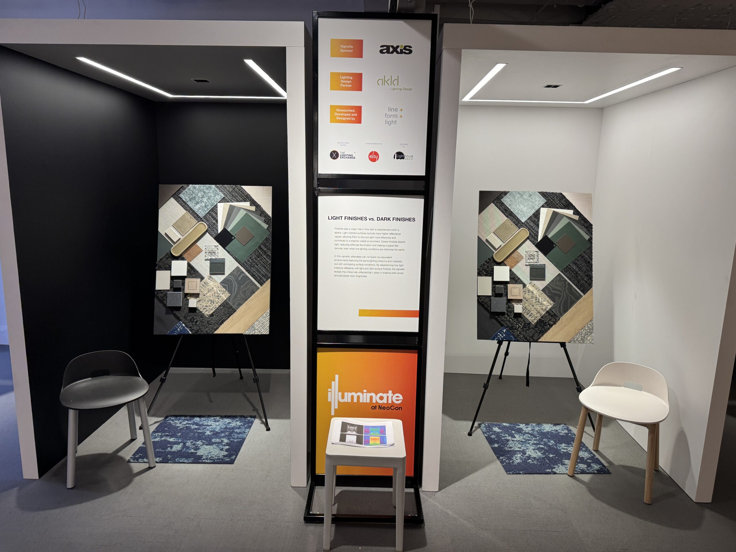 Using the exact same lighting, the exhibit showed how changes in wall and ceiling colors can significantly alter the visual experience.
